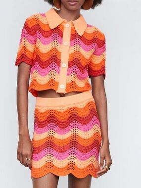 Mango Crochet Wave Mini Skirt in Pink, Orange & Red